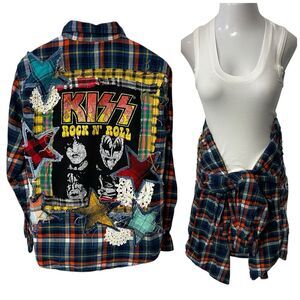 Upcycled Flannel Shirt Shacket Womens XL Rock Kiss Grunge Patchwork Folk Art